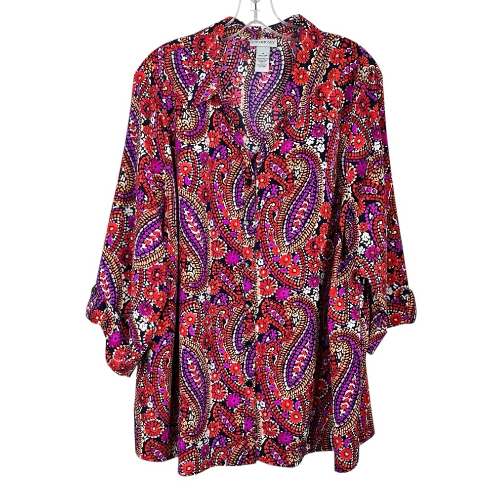 Catherines Multicolored Paisley Print Full Button Down Stretch Blouse Plus Size